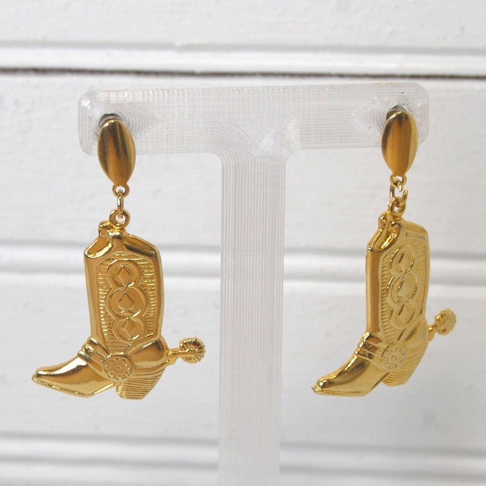 Vintage Cowboy Boot Dangle Earrings Gold-tone Western Rodeo jewelry Stud Posts